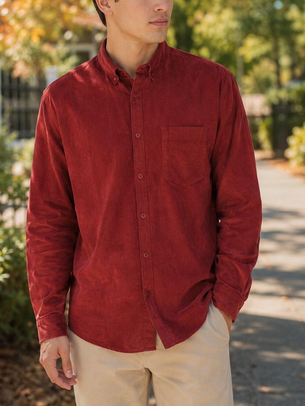 Express Men’s Deep Red Cotton Blend Button Down Long Sleeve Shirt Corduroy